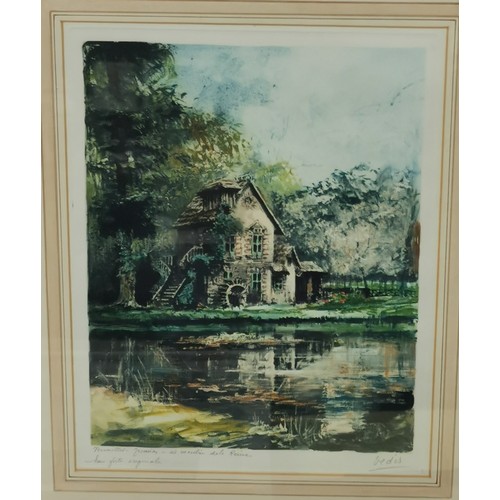 57 - 33.5 x 41 cm framed and mounted mill scene picture (not dot print) with pencil written description a... 