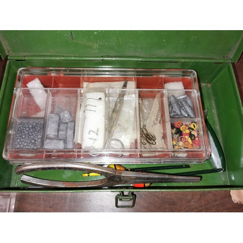 68 - Vintage lockable wooden fishing box and contents including Daiwa 7270A reel, floats etc