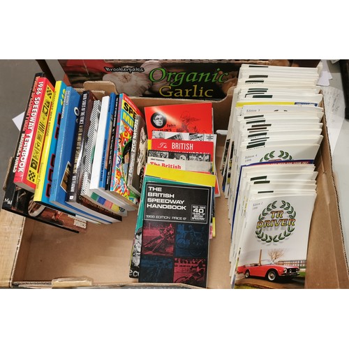 216 - Box of assorted 1970/80's speedway related books and booklets plus bundle of 1990's TR Driver magazi... 