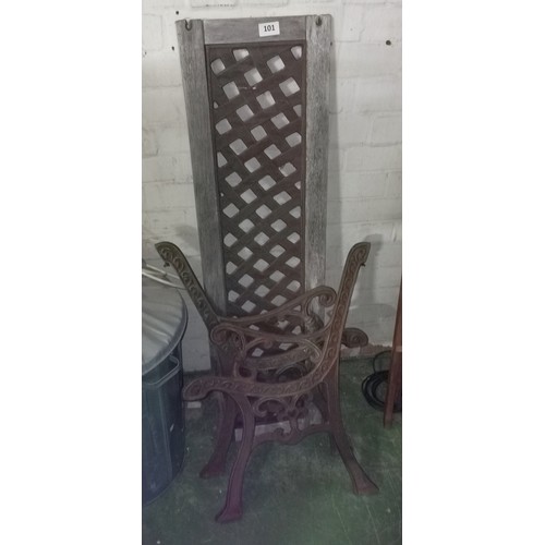 101 - Heavy ornate cast bench ends and lattice back