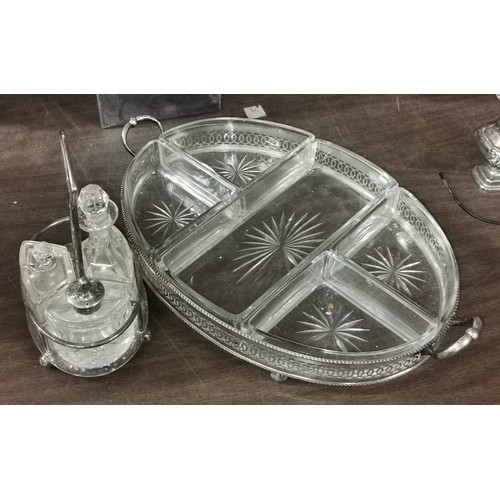 182 - Silver plate and glass sectioned serving dish and cruet set, missing 1 bottle