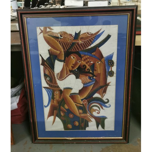 417 - 70.5 x 96 cm framed and mounted large Asian part surrealism painting on fabric depicting woman carry... 