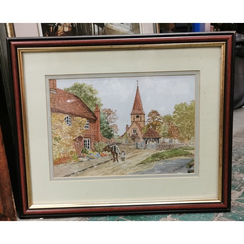 9 - 42 x 35 cm framed and mounted water colour painting of Shere Village Surrey, by Bert Crooks after A.... 