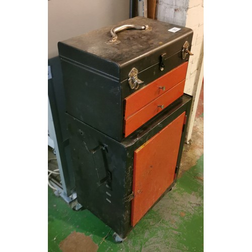 27 - 2 drawer metal tool box on portable matching cabinet