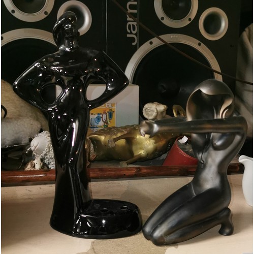 45 - 18.5 cm tall composite bronze look nude female kneeling and other ceramic female figurine