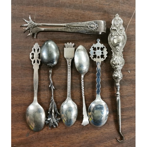 49 - 5 x spoons, pair of claw sugar nips and ornate button hook