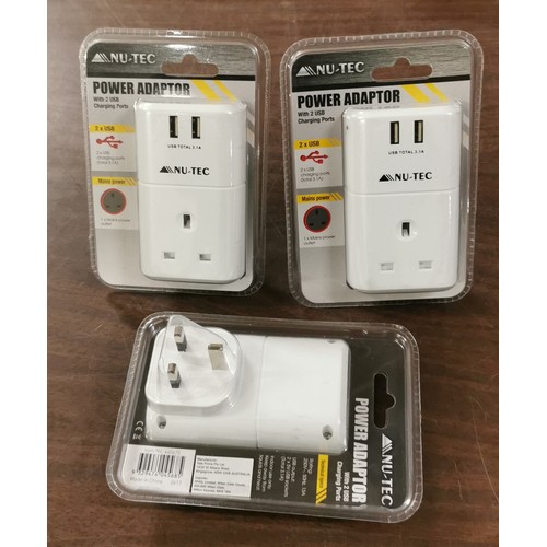 150 - 3 x new and sealed Nu-Tec power adapters with twin USB charging ports