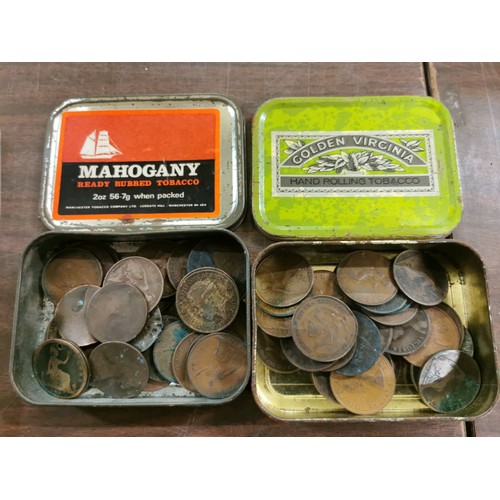 44 - 2 x vintage tobacco tins of Victorian to Elizabeth II UK one penny coins in varying conditions