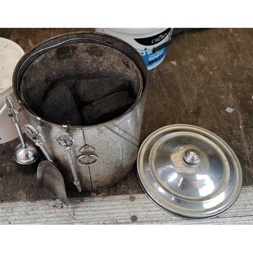 242 - Chrome coal bucket (near full of coal) with attached fireside tools