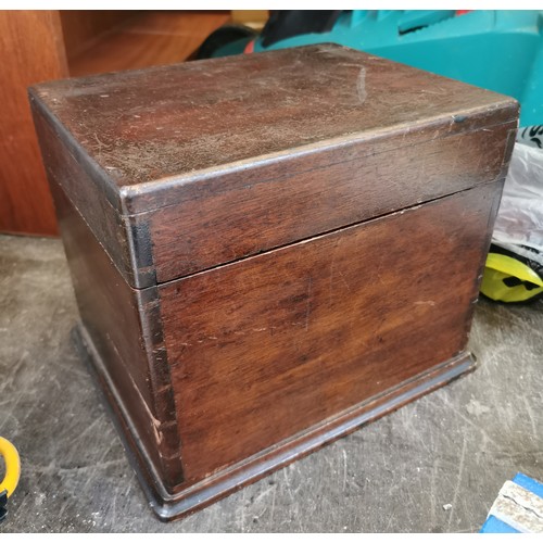 206 - Old wooden box with pair of kitchen appliance moving wheels, new set of 5 x cabinet handles and saw ... 