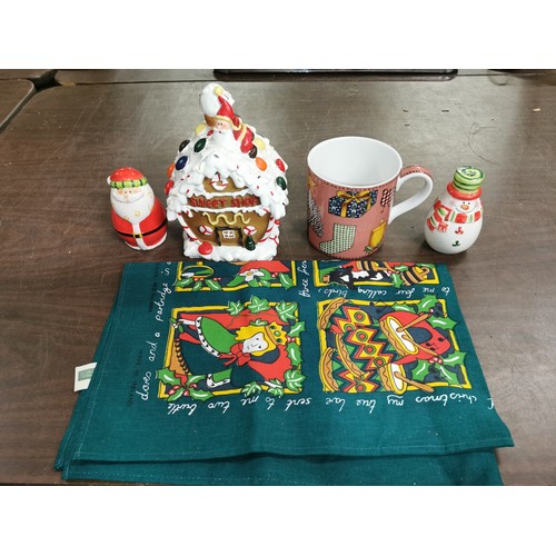 176 - Festive bundle of ceramic salt and pepper, large mug, composite gingerbread house sweet jar and 12 d... 