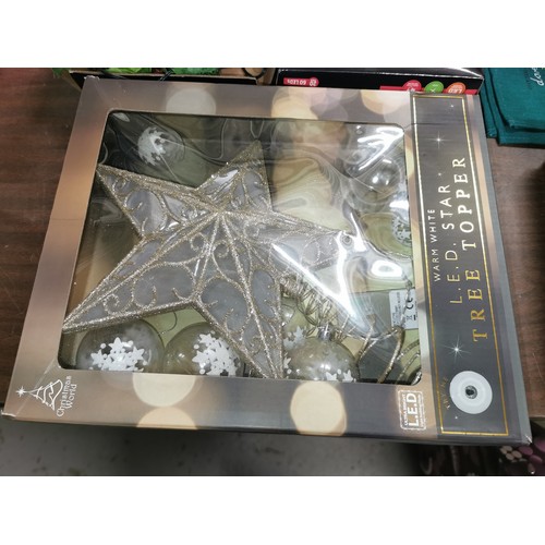 172 - Boxed warm white LED star tree topper, with some baubles