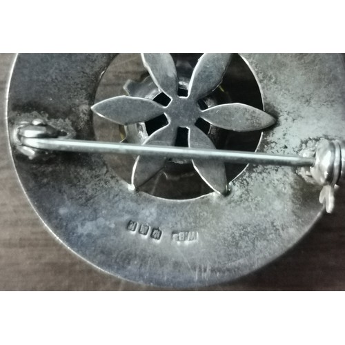 49 - 3.5 cm diameter Scottish hallmarked silver brooch with amber stone, all proceeds from this lot goes ... 