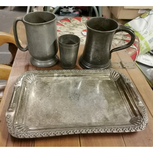42 - 29 x 18.5 cm silver plated tray, 2 x pewter goblets and small pewter tumbler