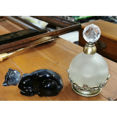 29 - Cat shaped Avon Charisma cologne bottle & other dressing table crystal perfume bottle