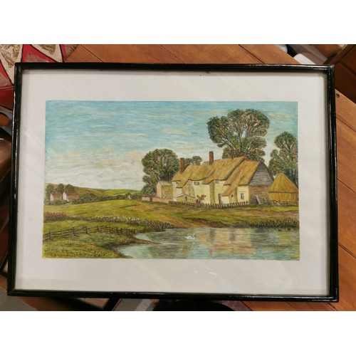 60 - 50 x 36 cm framed amateur art, farmhouse by pond painting, signed H. Burrell