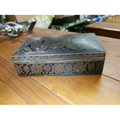 23 - 16 x 8.5 x 6.5 cm ornate metal cased wooden trinket/cigarette box