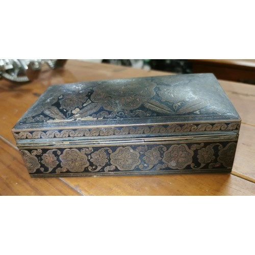 23 - 16 x 8.5 x 6.5 cm ornate metal cased wooden trinket/cigarette box