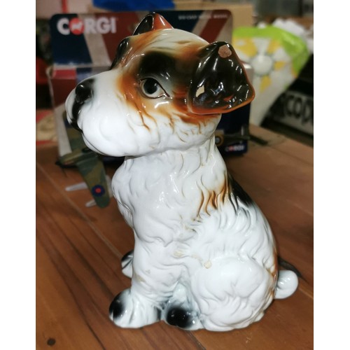 161 - 17 cm tall vintage ceramic terrier dog figure, 2 paint knocks on left ear
