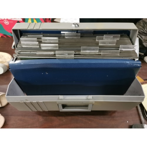 217 - Metal and hard plastic filing box with pockets