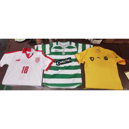 256 - 3 x retro football shirts - Celtic (Carling), Cameroon and Tunisia