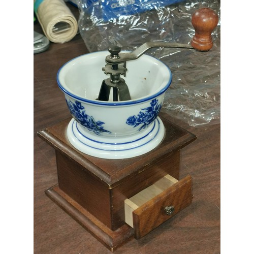 301 - Blue and white patterned vintage counter top coffee grinder