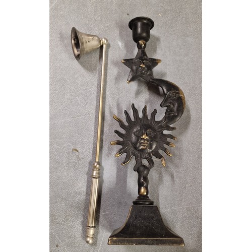 100 - 26 cm bronze look sun/moon/star metal candle holder & silver plated candle snuffer