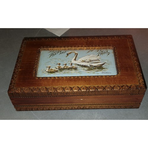 115 - 22 x 14 x 6 cm carved wooden cigarette/trinket box with Cash's Coventry silk picture top