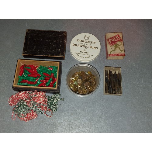 16 - Puck match box with assorted calligraphy writing nibs, Coronet drawing pin tub with pins & leather c... 