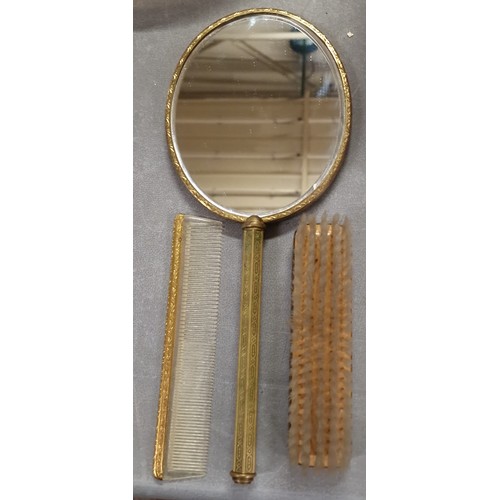 118 - Vintage gilt and needlework, 3-piece dressing table vanity set