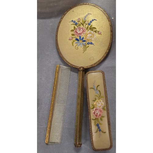 118 - Vintage gilt and needlework, 3-piece dressing table vanity set