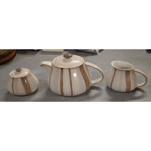 120 - Denby Pottery truffle tea pot, milk jug and lidded sugar bowl