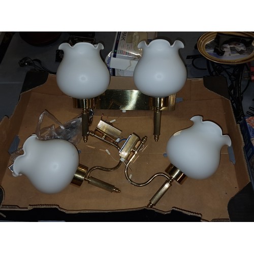 85 - 1 x twin and 2 x single gilt wall lights with white glass shades