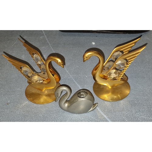 2 - Pair of 24 kt gold plated Austrian crystal swans and metal swan candle holder