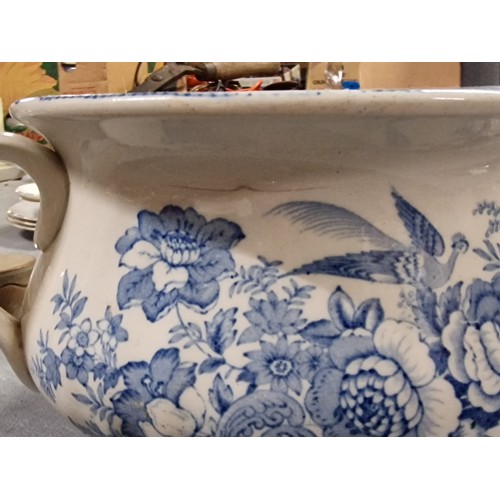 144 - 19th century unstamped, blue and white Asiatic pheasant pattern chamber pot - couple of hairline cra... 