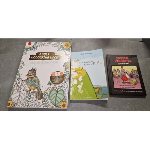 176 - Adult colouring book, senior moments cartoon collection book and other story book - kindly donated w... 