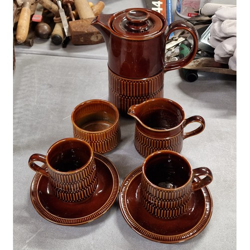 161 - Vintage Lancastrian Pottery coffee pot, milk jug, sugar bowl and 2 x cups & saucers