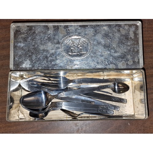 237 - Old Jacob Cracker tin with Patricia stainless steel cutlery - 2 x knives and forks and 6 x dessert a... 