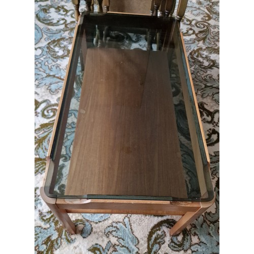 140 - 88 x 44 x 36 cm retro teak coffee table with under shelf and smoked glass top