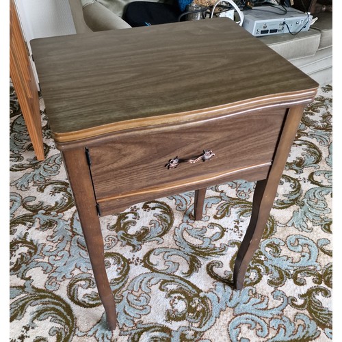 142 - Mid-century sewing table with Singer 201K sewing machine and attachments