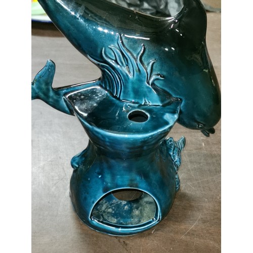 160 - Approx 28 cm long and 25 cm tall ceramic dolphins tea light holder