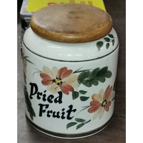 16 - 18 cm tall vintage wooden lidded ceramic dried fruit caddy