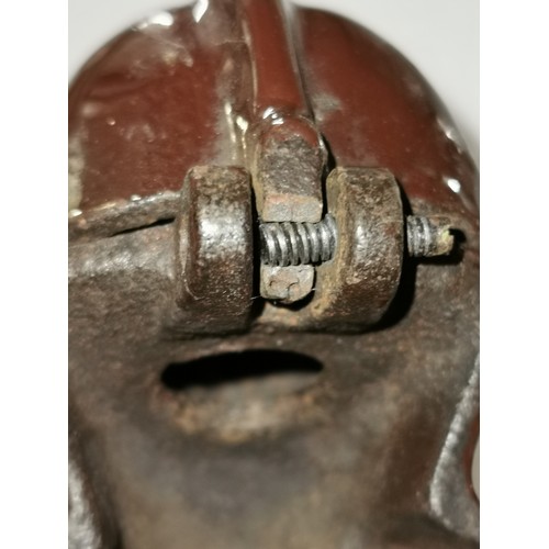 275 - Lustre coated Knight shaped fireside tool/companion set holder with broken helmet