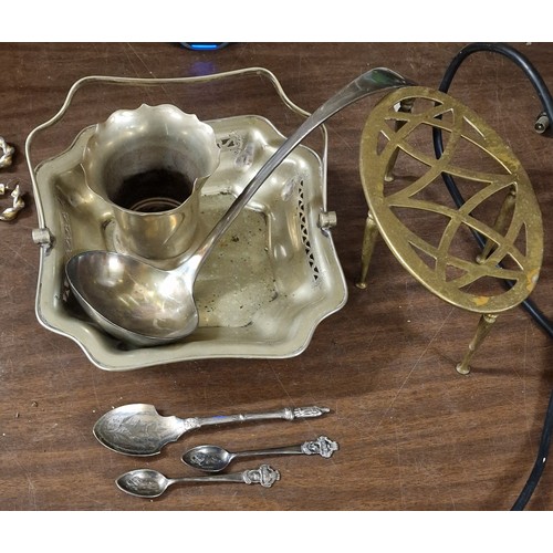 161 - Brass fireside kettle stand and assorted plated items including pair of Rolex spoons etc