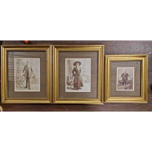 25 - Pair of 41 x 47 cm framed and mounted male and female plus 1 x smaller family, old sepia/black and w... 