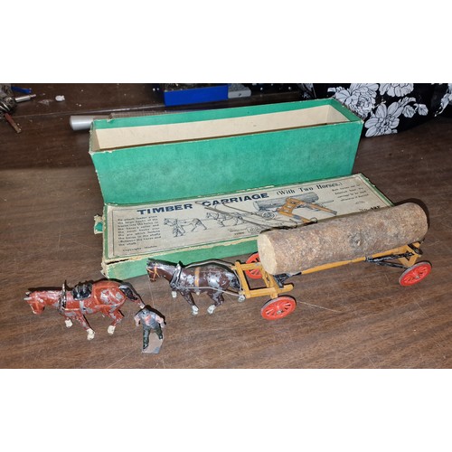 256 - Boxed vintage Britains 12F timber carriage with 2 horses