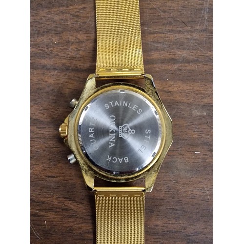 132 - Working Orkina large face gents quartz chronograph watch with gold tone strap