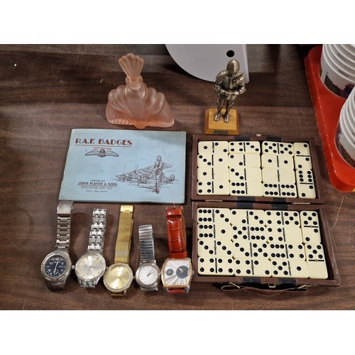 243 - Small job lot of assorted watches, dominos, art deco perfume bottle, white metal knight figure and c... 