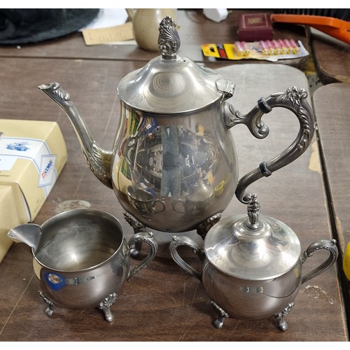 296 - Turn of the century unstamped, clean white metal teapot, milk jug and sugar dish