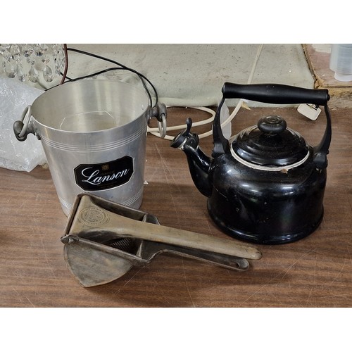 258 - Archibald Kenrick old spud masher, Le Creuset hob kettle & Lanson champagne bucket